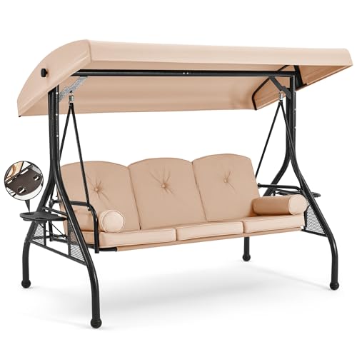 Image of HOMREST 3 Seat Outdoor Porch Swing with Adjustable Canopy, Convertible Patio Swing Bed with Stand, Patio Glider Swing with Upgraded Cup Holder, Thicken Cushions ＆ Pillow for Backyard(Khaki)