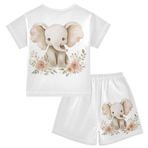 Floral Elephant Beige Pajama Set Short Sleeve Summer Pajamas Shorts Sets PJ Clothes Set Soft 5Y2