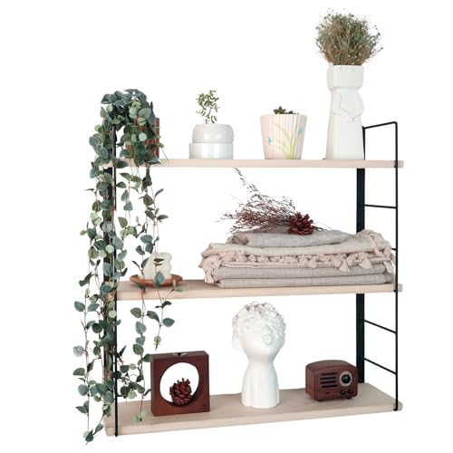 HTB 3 Tier Shelf White Wooden, Floating Shelves for Wall with Real Wood Planks Easy Removed for Height Adjustment, DIY-able Shelves Wall Mounted for Kitchen, Bathroom, Office, Behind the Toilet