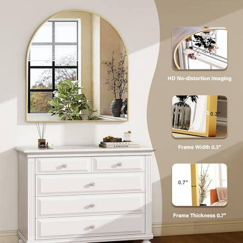 Image of HARRITPURE 26 inchx28 inch Arched Bathroom Mirror, Wall Mounted Mirror, Gold Arch Mirror, Aluminum Alloy Frame Wall Mirror for Living Room, Bedroom and Entryway