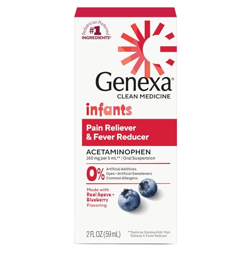 Image of Genexa Infants' Clean Acetaminophen | Pediatrician Preferred Ingredients | Pain Reliever & Fever Reducer for Babies | Dye Free, 0% Artificial Additives | Delicious Organic Blueberry Flavor, 2 fl oz