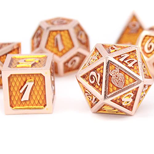 HEIMDALLR Metal DND Dice Set 7 pcs - Dragonhide Design, 16mm Size, Logo on D20; Metal Dice Set & Dice Box; D&D Dice Set D&D (Dungeons and Dragons Dice Set) - Jormungandr Series (Jin Long)