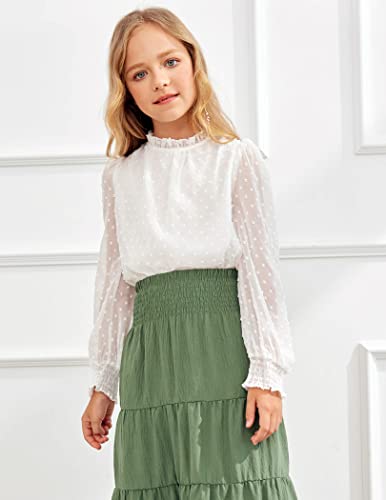 Yimoroe Girls White Blouse Cute Swiss Dot Casual Long Puff Sleeve Chiffon Solid Color Loose Tops #TOP3