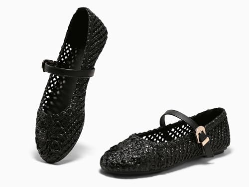Image of Coutgo Womens Mary Jane Woven Flats Round Toe Ballet Flats Dressy Comfortable Slip On Shoes