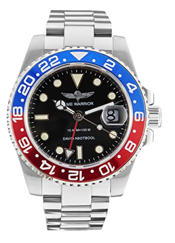 TIME WARRIOR GMT Master Automatic Watches for Men, Stainless Steel Watch, Water Resistant Watches, Ceramic Rotating Bezel, Luminous, Sapphire Glass (Red and Blue)