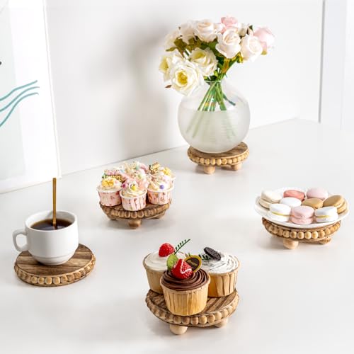 HouseJoy 2Pcs Wood Risers for Display Decorative,Round Beaded Riser Distressed for Decor ,Wooden Farmhouse Coasters Mini Cake Stand Plant Stand,Rustic Pedestal Stand Decor Display Risers for Tiered - Image 8