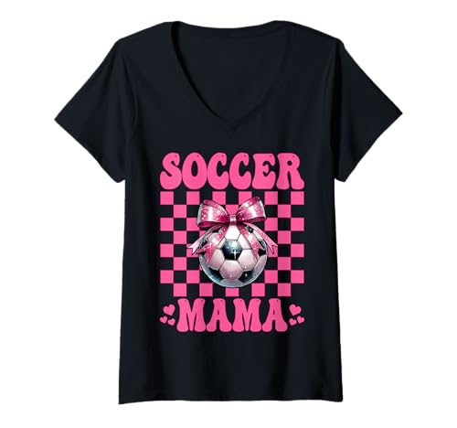 Donna Soccer Mama Soccer Mom Festa della mamma Rosa Coquette Bow Maglietta con Collo a V
