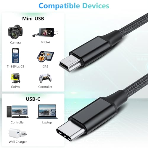 LUKFOCAB 5FT USB-C to Mini USB Cable, Braided 1.5M Type-C to Mini-B 5-Pin Charging Cord, Supports OTG 480 Mbps for PC Hero 3+, Digital Camera, Ti-84 Plus, PS3 Controller, MP3/4, Dash Cam, etc - Thumbnail 3