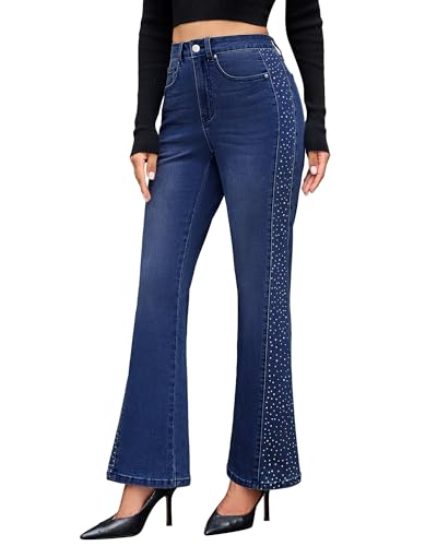 GRAPENT Fashion Jeans for Women 2025 High Waist Stretchy Dark Wash Denim Bell Bottom Darkness Blue Flare Jeans, Darkness Blue, L, US Size 12 to 14