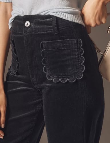 ACCPUR Women Corduroy Wide Leg Pants 2025 Fall Fashion Casual Button Down High Elastic Waist Trousers with Scalloped Pockets Black — view 2