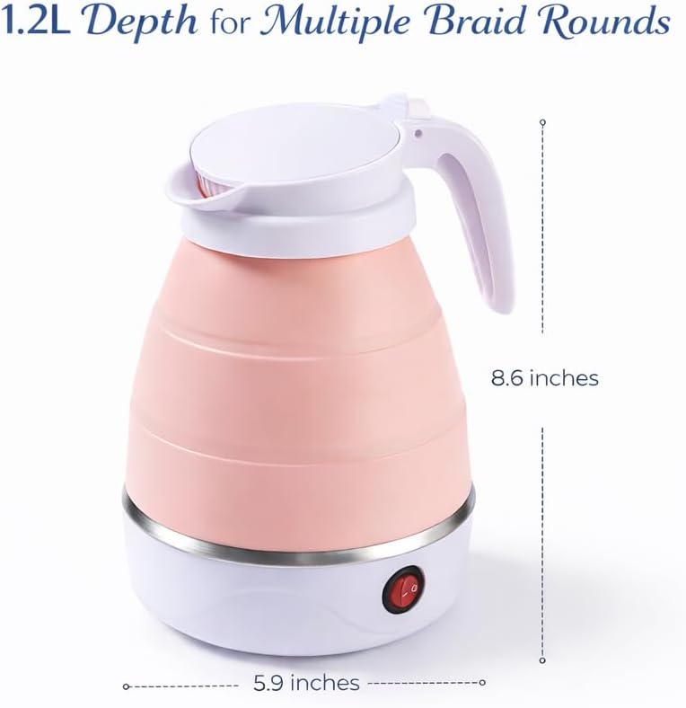 Hair Dipping Kettle for Braids – Pink Collapsible Silicone Electric Kettle 1.2L, Portable Hot Water Boiler for Braiding Hair, Travel, Dorm and Salon Use, 110V Compact Folding Pitcher Style