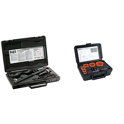 Klein Tools 53732SEN Punch Set, Knockout Punch Set Punch Down Tools & 31902 Bi-Metal Hole Saw Kit with Arbor Bits for Cutting Steel, Drywall, Ceiling Tile, Wood, Plastic, 8-Piece