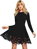 Romwe Women's Scalloped Hem Stretchy Knit Flared Skater A-line Dress Black Solid Long Sleeve XL