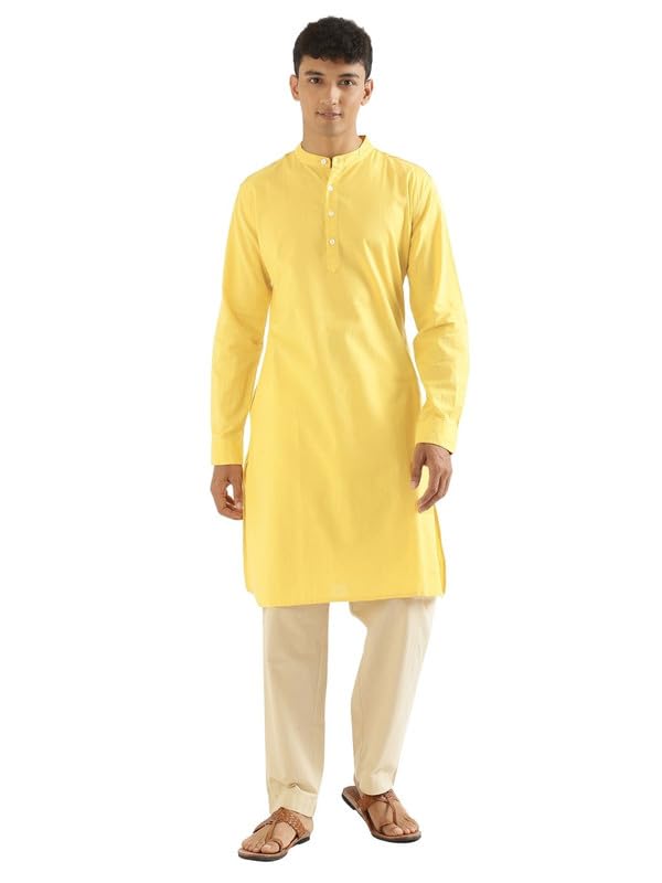 Image of SAADAA Men's Long Kurta - Linen Cotton Blend, Airy Fabric, Regular Fit, Mandarin Collar, Solid Color - Casual, Festive & Ethnic Wear