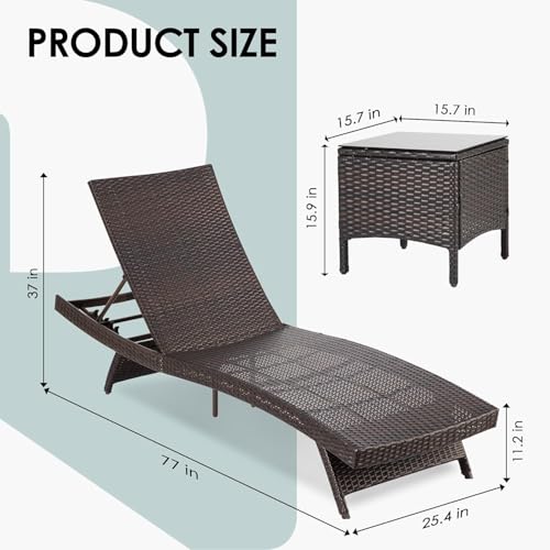 Image of Outdoor Poolside Lounger with Adjustable Backrest Sun Chaise Recliner for Terrace Garden Poolside for Relaxation Durable and Stylish- (Brown & Beige) 2 Lounger+Side Table