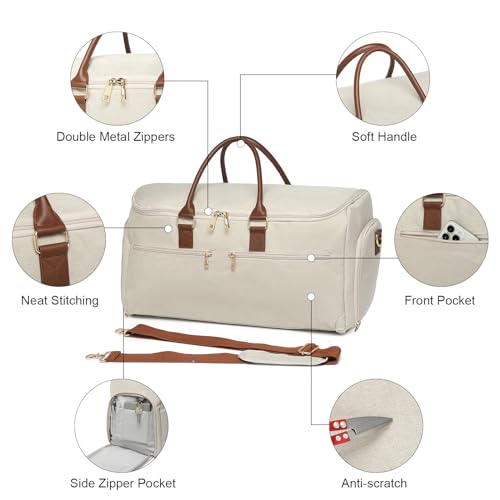 Image of seyfocnia Carry On Garment Bag for Women, Convertible Travel Garment Bag, 2 in 1 Hanging Suitcase Suit Business Travel Bag Overnight Bag, White Brown