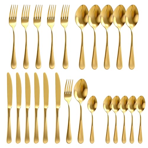 BlingKingdom 24-Piece Gold Flatware Cutlery Set for 6, Mirror-Polished 410 Stainless Steel Elegant Utensils Set Includes Forks, Spoons, Knives for Home, Wedding, Party, Housewarming Gift