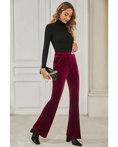 GRAPENT Wine Red Velvet Dress Pants, Size 4-22, Work & Holiday Outfits, 32'' Inseam, Stretch Flare Pants