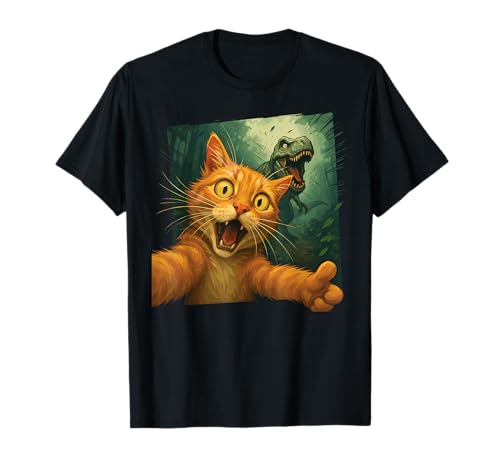 Cat Selfie T-Rex Chase Funny Dinosaur Meme Graphic Art T-Shirt