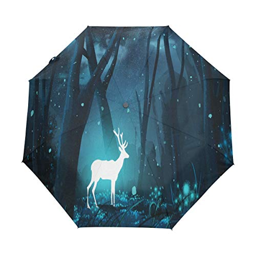 Parapluie pliant automatique motif cerfs blancs bleu nuit | Modèle compact et ultra-léger pour voyage