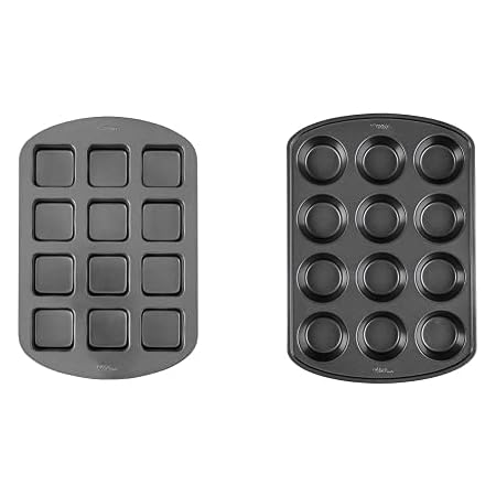 Wilton Perfect Results Premium Non-Stick Bakeware Bar Baking Pan, Ideal for Brownies, 12-Cavity & Perfect Results Premium Non-Stick Bakeware Muffin and Cupcake Pan, 12-Cup, STANDARD, Silver