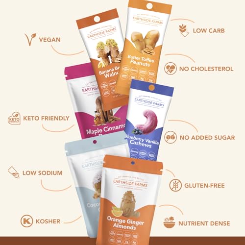 Image of Earthside Farms 12 pcs Variety Pack - 1oz, 2pcs Each of Coconut Caramel Cashews, Butter Toffee Peanuts, Blueberry Vanilla Cashews, Maple Cinnamon Pecans, Orange Ginger Almonds, Banana Bread Walnuts