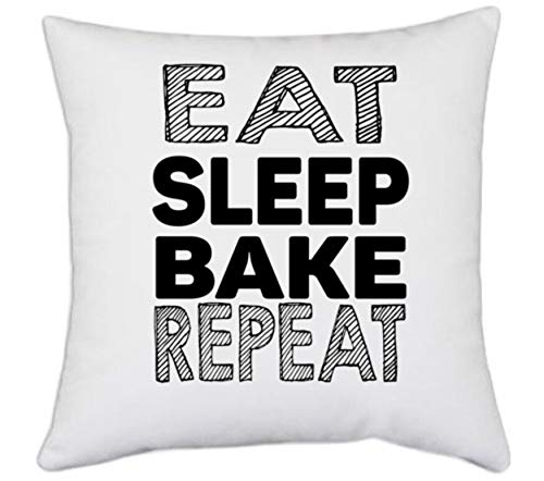 UDNAG White Polyester 'Bake | eat sleep bake repeat' Pillow Cover [16 Inch X 16 Inch]
