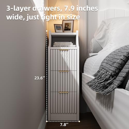 Image of 7.9 inch Narrow Nightstand Set of 2,23.6 inch Tall Fluted Bedside Table Set of 2, Slim Side End Table with 3 Drawers, Wooden Bedside Table, White Wood Night Stand for Bedroom Livingroom Sofa Office