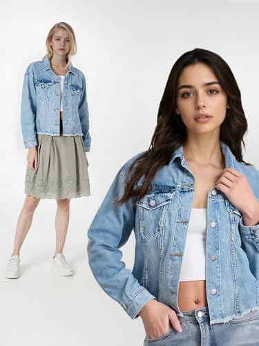 Women's Cropped Soft Denim Jacket Frayed Washed Jean Jacket with Button Up Design3