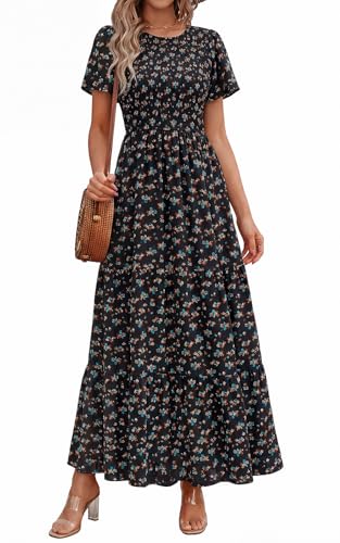 Image of PRETTYGARDEN Women's 2026 Summer Casual Flutter Short Sleeve Boho Floral Maxi Dress Crew Neck Smocked Tiered Long Dresses