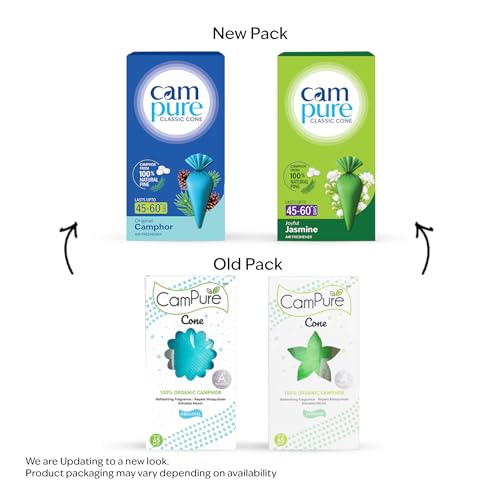 Image of CamPure Camphor Cone (1 Original + 1 Jasmine) Pack Of 2-100% Organic | Air Freshener For Car, Wardrobe, Office Cabin's, Drawers, Travel Bag & Bathroom