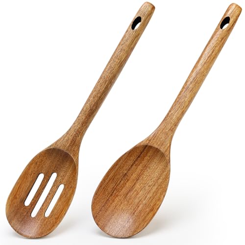 2Pcs Large Acacia Wood Spoons for Cooking Spoon Set Serving Slotted Spoon