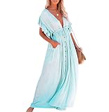 Blusa Baño Mujer Blusa Bikini Mujer Blusa Playa Hueca Color Sólido Blusa Hueca Cuello V Vestido Ganchillo Manga Corta Ropa Cómoda Bikini Vestido Grande Elegante Ropa Mujer Azul Celeste M