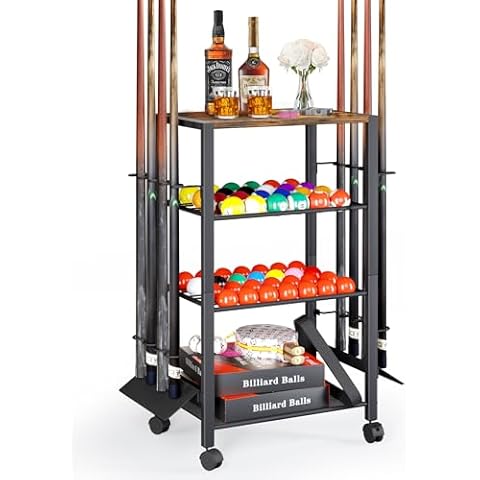 Pool Stick Holder Rack Stand for 8 Cue Sticks - Billiard Game Room Storage Cart with Organizer for Balls, Pool Table Accessories and Equipment - Heavy Duty Floor Stand Cue Stick Rack for Home or Bar Cover