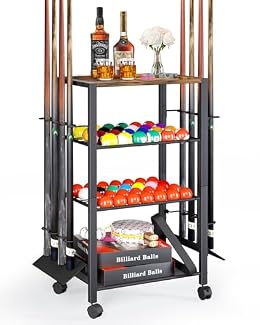 Pool Stick Holder Rack Stand for 8 Cue Sticks - Billiard Game Room Storage Cart with Organizer for Balls, Pool Table Accessories and Equipment - Heavy Duty Floor Stand Cue Stick Rack for Home or Bar