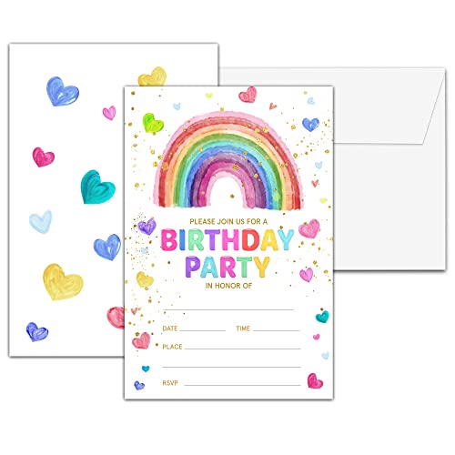 Chuxvon Birthday Party Invitations, Rainbow Heart Birthday Invitations, Double-Sided Fill In Birthday Invites, Birthday Party Favors Decorations Supplies, 20 Cards With 20 Envelopes(Invite-A02)