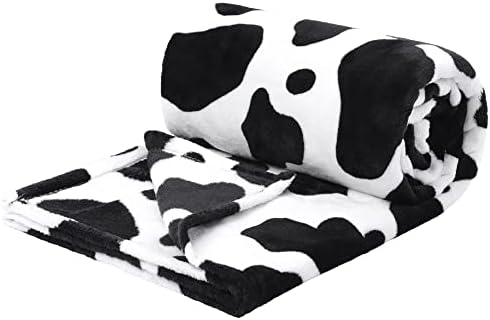 PiccoCasa Cow Printed Blanket, Soft 300GSM Fleece Flannel Throw Blanket Lightweight Cute Comfy Warm Cow Texture Black and White Cowhide Blankets for Couch Sofa Bed Office 130 x 150cm