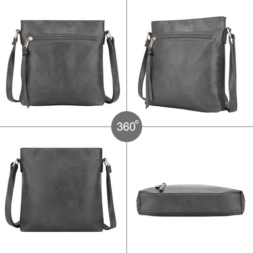 DOB SECHS Umhängetasche aus weichem PU-Leder für Damen, Klein Handtasche mit mehreren Taschen, Crossbody Bag Tasche Schultertasche mit verstellbarer Schultergurt, Grau