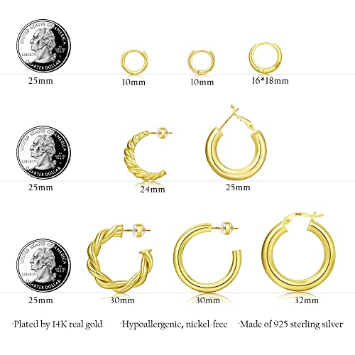 Gold Hoop Earrings Set For Women,14K Gold Plated Gold Hoops Twisted Huggie Earrings Hypoallergenic Lightweight Chunky Open Hoops Set Gold Jewelry Gifts For Women 8 Pairs #TOP4