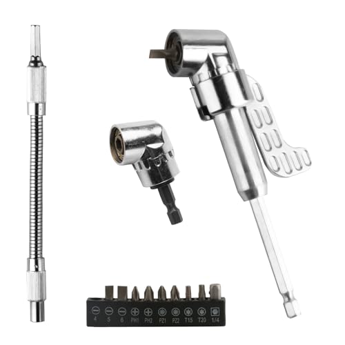2 Right Angle Drill Attachment, 90 Degree 105 Degree Right Angle Drill Adapter Set 1/4 Inch Hex Shank, for Cordless Drills Screwdrivers(1 Short, 1 Long), + 1 Flexible Extension Bar & Set of 10 Bits