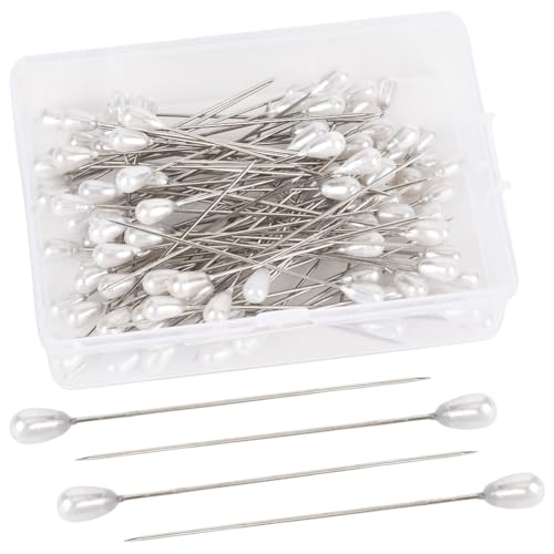 SOFPLATE 1 Box 100 Stück Weiße Anstecknadeln Tropfenform Perlenkopfnadeln Silberfarben Edelstahl Kunstharz Boutonniere Hochzeitsstrauß Blumenndekorationen Gerade Beschläge Für DIY Basteln Schmuckherst
