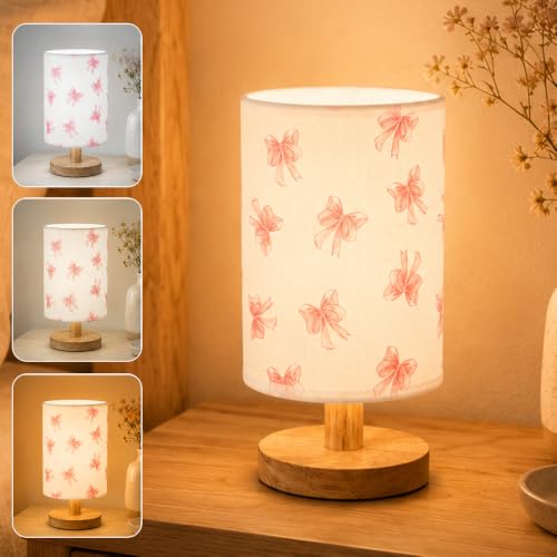 Image of HOVCEH Pink Bow Bedside Table Lamp for Bedroom with Fabric Shade Wood Base