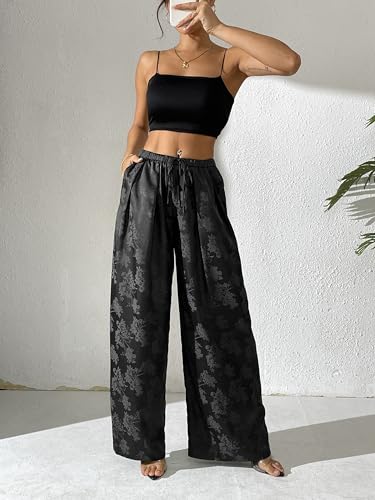 Women's Satin Wide Leg Pants Floral Textured Silky Casual Slacks High Waist Pants3