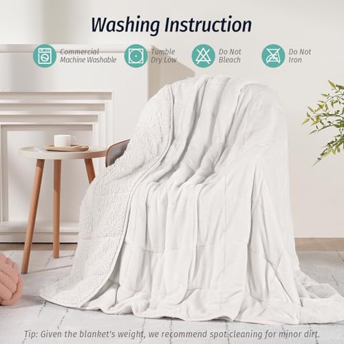 Wemore Sherpa Fleece Weighted Blanket for Adult, 15 lbs Dual Sided Cozy Fluffy Heavy Blanket, Ultra Fuzzy Throw Blanket with Soft Plush Flannel Top, 60 x 80 inches Queen Size White on Both Sides