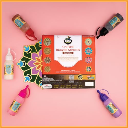 Image of TOTA Rangoli Stencil Corner - Set of 5 Rangoli Colour Bottles + 1 MDF Stencils | 8 X8 inch | Reusable 3D Rangoli for Diwali Home Decoration Navratri Pongal Onam Puja