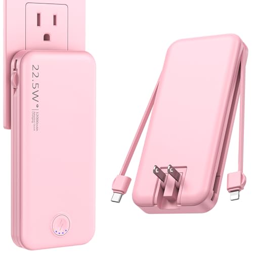 Nusyddy Portable Charger, 12000mAh 22.5W Fast Charging Power Bank with Built-in Cables & Wall Plug, Travel Essentials External Battery Pack, USB C Battery Phone Charger for iPhone, iPad, Samsung Pink