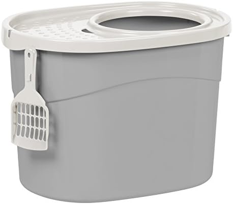 IRIS USA Large Simple Round Top Entry Cat Litter Box with Scoop, Curved Kitty Litter Pan with Litter Particle Catching Cover and Privacy Walls, Gray/White