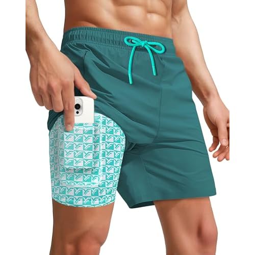 7 Inch Men Swim Trunks with Compression Liner Quick Dry Drawstring Male Swimtrunks for Beach Summer Water Park Small Beige Khaki