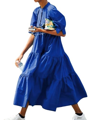 Image of chouyatou Women's Summer Puff Sleeve Maxi Tiered Babydoll Dress Casual A-Line Swing Long Shirt Dress