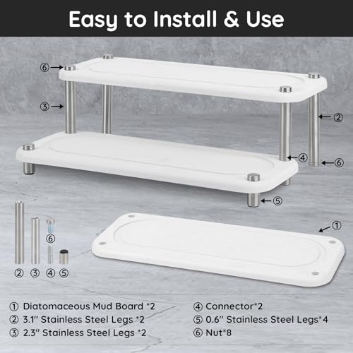 Image of Segbeauty 2 Tier Instant Dry Counter Organizer, 11x4.3in Quick Dry Diatomaceous Earth Stone Drying Tray, Water Absorbing Stone Fast Drying Countertop Rack Sponge Soap Holder for Kitchen Bathroom White